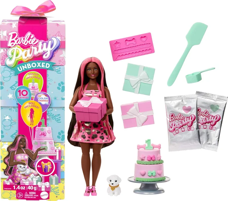 Barbie Party Unboxed Pet Birthday Series Glowing Hearts Doll e acessórios, conjunto com 10 surpresas, como mudança de cor e função de decoração de bolos, JFG71