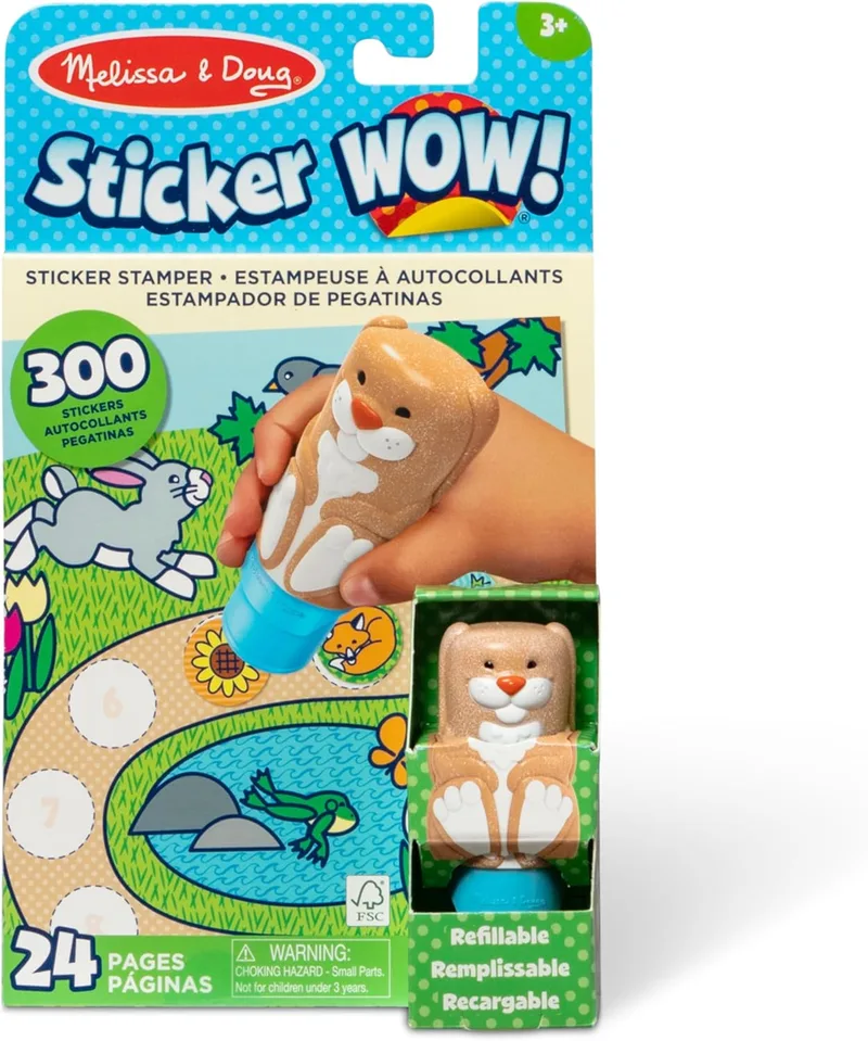 Melissa & Doug, Sticker Wow, bloco de actividades de 24 páginas e carimbador de autocolantes, 300 autocolantes, brinquedo para aliviar o stress de personagens coleccionáveis, coelhinho