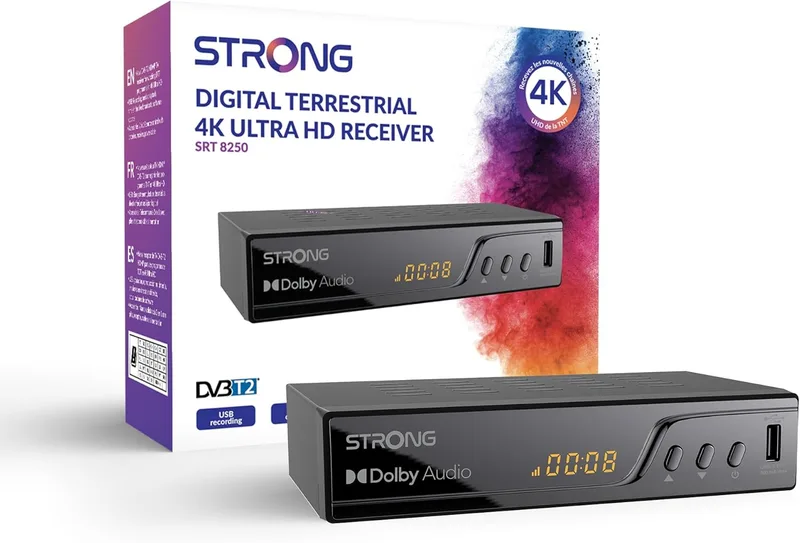 Strong ▫️ Descodificador TDT 4K UHD |DVB-T2|Display|Compatível com HEVC265|Recetor/Tuner de TV|USB PVR|Dolby Digital Plus|HDMI|Euroconnector