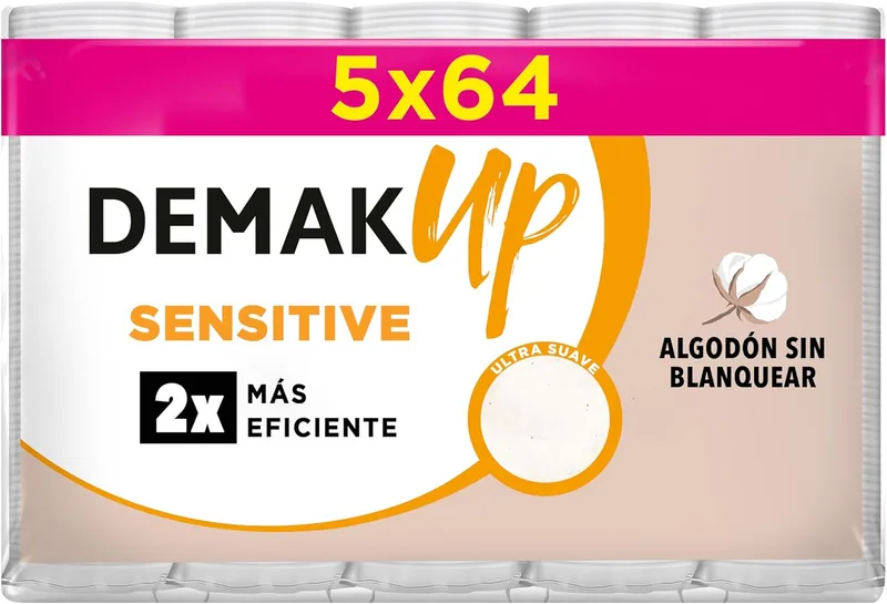 Demak'Up ▫️ Sensitive Discos Desmaquilhantes Redondos – Embalagem de 320 discos de algodão (5 x 64) – 100% fibras naturais não branqueadas – Suavidade extrema para pele sensível e olhos