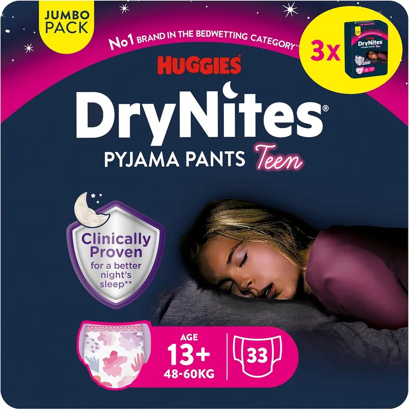 HUGGIES ▫️ DryNites Fraldas Nocturnas para Raparigas 13+ (48-60 kg), Clinicamente Testadas com 5 Camadas de Máxima Proteção Nocturna, 3 Embalagens de 11, Total 33 Cuecas Absorventes