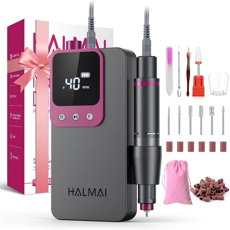 Halmai ▫️ Brocadora elétrica profissional para unhas kit de lixa portátil sem fios para unhas acrílicas e de gel, máquina recarregável de alta potência com 40 000 RPM para salão de beleza - Modelo HMC320 (cinza escuro)