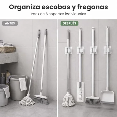 HKaizen ▫️ Suporte adesivo para vassouras e esfregonas, embalagem de 6 unidades, suporte de parede 3