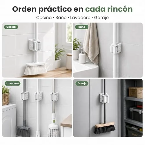 HKaizen ▫️ Suporte adesivo para vassouras e esfregonas, embalagem de 6 unidades, suporte de parede 7