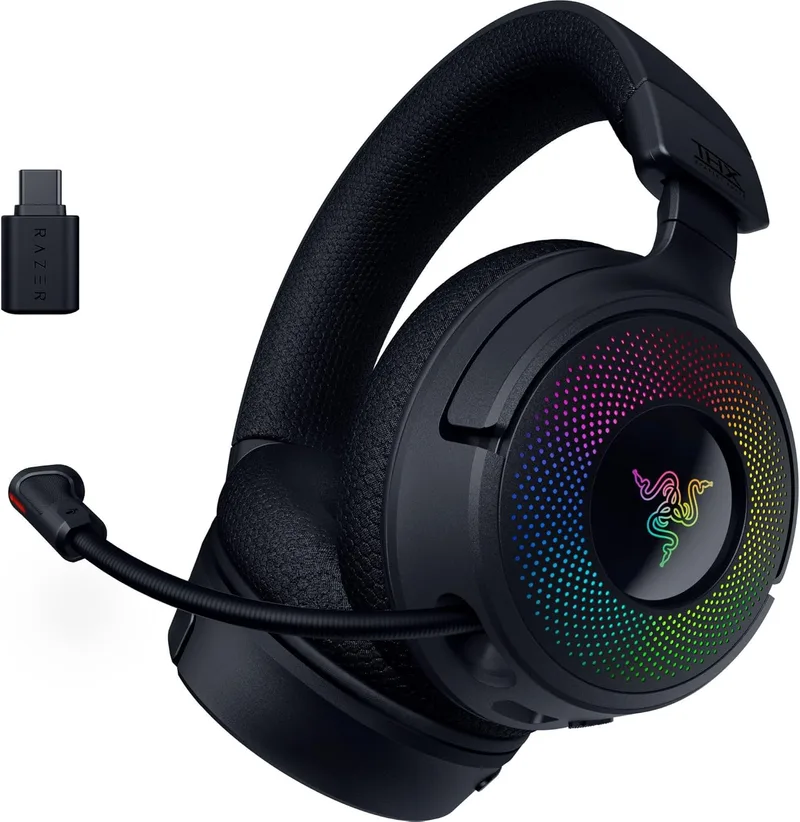 Razer Kraken V4 - Auscultadores para jogos sem fios (conetividade de 3 modos, drivers Triforce de 40 mm, iluminação RGB de 9 zonas para o auricular, ajustes de mistura e volume, áudio espacial THX) Preto