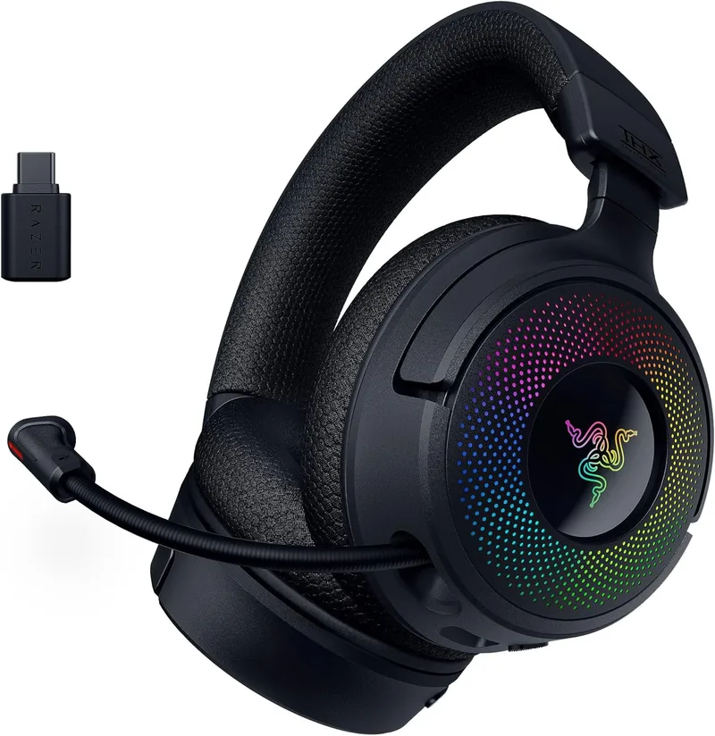 Razer ▫️ Kraken V4 - Auscultadores sem fios para jogos (3 modos de ligação, drivers Triforce de 40 mm, iluminação RGB em 9 zonas nos auscultadores, ajustes de mistura e volume, THX Spatial Audio) Preto