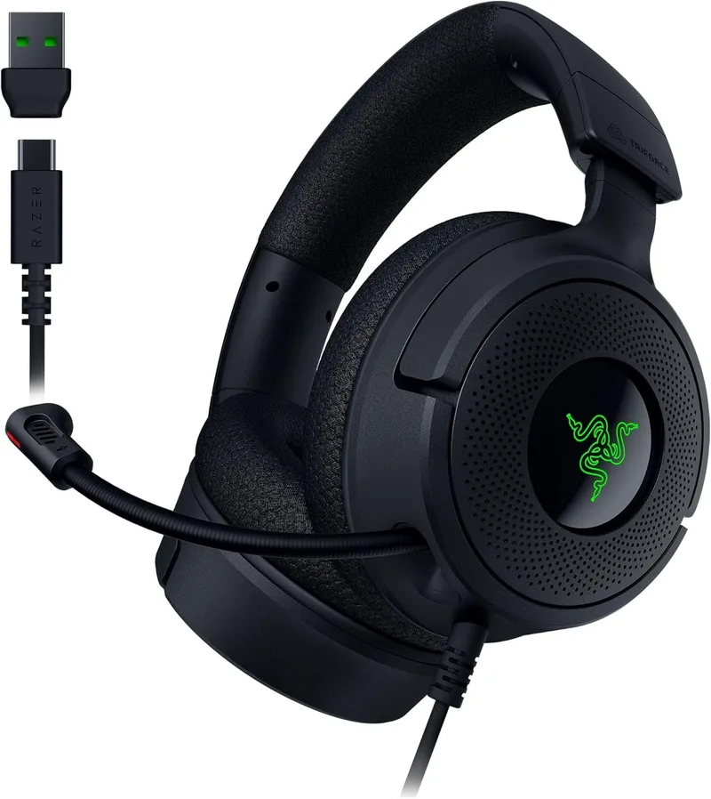 Razer ▫️ Kraken V4 X - Auscultadores para jogos de PC com fios (Drivers Triforce de 40 mm, microfone cardioide retrátil, som surround 7.1, Chroma RGB, para PC - consolas e telemóveis via USB-C) Preto