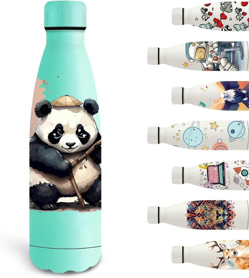 Grsta ▫️ Garrafa de água em aço inoxidável, garrafa térmica de 500 ml, para crianças, sem BPA, personalizada com padrão de panda, em metal, para a escola, o escritório, viagens e desporto, verde