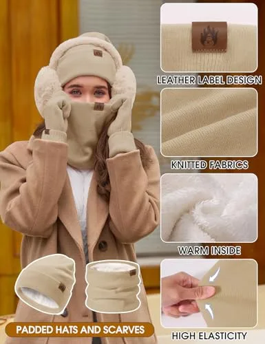UMIPUBO ▫️ Conjunto de 5 peças: gorro, cachecol e luvas para mulher - Conjunto de inverno com gorros, cachecóis, luvas quentes compatíveis com ecrãs táteis, orelheiras de pelúcia e meias térmicas - Conjunto de 5 peças 2