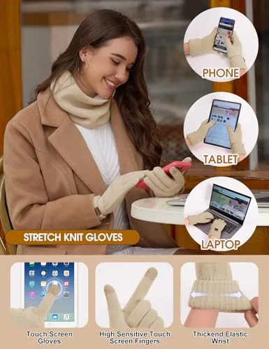 UMIPUBO ▫️ Conjunto de 5 peças: gorro, cachecol e luvas para mulher - Conjunto de inverno com gorros, cachecóis, luvas quentes compatíveis com ecrãs táteis, orelheiras de pelúcia e meias térmicas - Conjunto de 5 peças 3