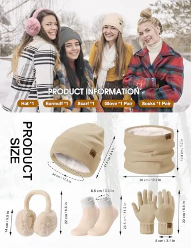 UMIPUBO ▫️ Conjunto de 5 peças: gorro, cachecol e luvas para mulher - Conjunto de inverno com gorros, cachecóis, luvas quentes compatíveis com ecrãs táteis, orelheiras de pelúcia e meias térmicas - Conjunto de 5 peças 4