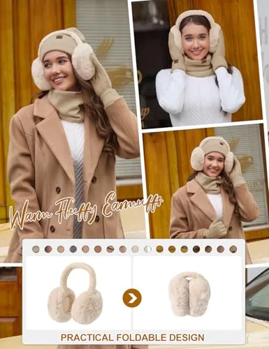 UMIPUBO ▫️ Conjunto de 5 peças: gorro, cachecol e luvas para mulher - Conjunto de inverno com gorros, cachecóis, luvas quentes compatíveis com ecrãs táteis, orelheiras de pelúcia e meias térmicas - Conjunto de 5 peças 5