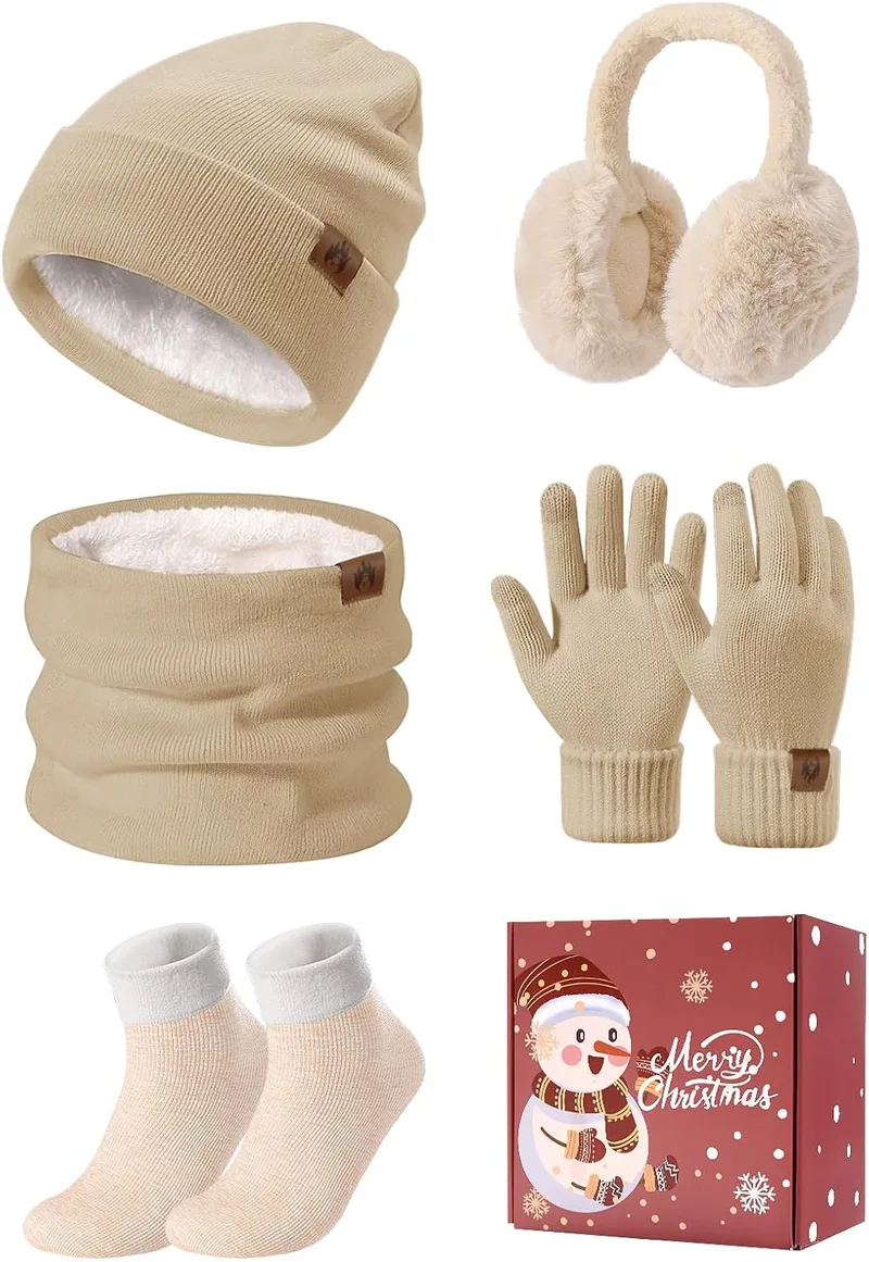 UMIPUBO ▫️ Conjunto de 5 peças: gorro, cachecol e luvas para mulher - Conjunto de inverno com gorros, cachecóis, luvas quentes compatíveis com ecrãs táteis, orelheiras de pelúcia e meias térmicas - Conjunto de 5 peças