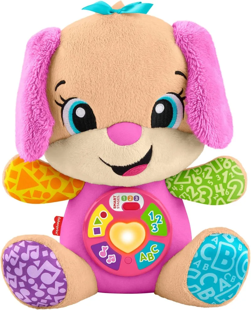 Fisher-Price ▫️ Laugh & Learn Cachorrinha com Smart Stages – Peluche musical educativo com Smart Stages para bebés a partir dos 6 meses, versão multilingue: italiano, espanhol, português, inglês, JFD35