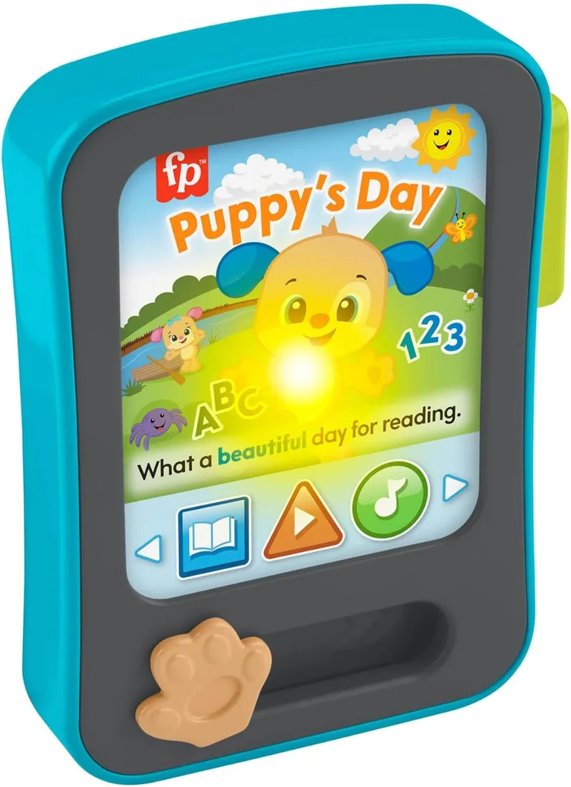 Fisher-Price ▫️ Laugh & Learn Puppy Story Reader Tablet de aprendizagem para bebés com música e luzes, para meninos e meninas +6 meses, multilingue: inglês, italiano, português, espanhol, JFJ88