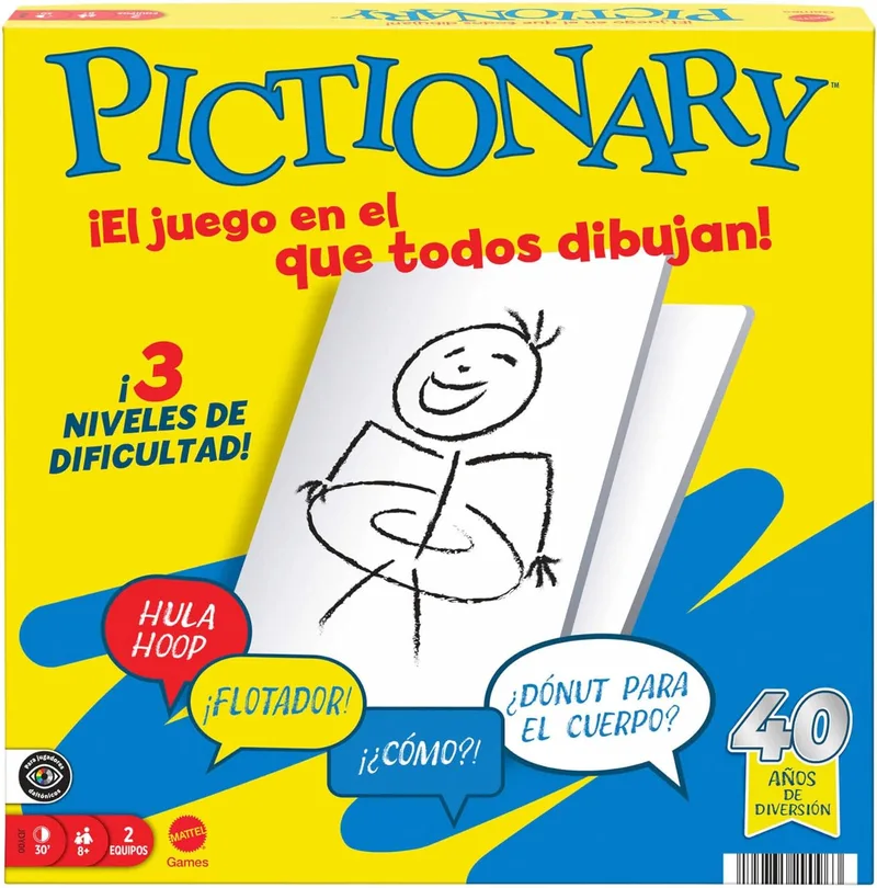 Mattel Games ▫️ Pictionary Family Board Game para rapazes e raparigas, adultos e noites de jogo, para duas equipas com marcador de tinta apagável, quadros brancos e ampulheta, versão inglesa, JDY00