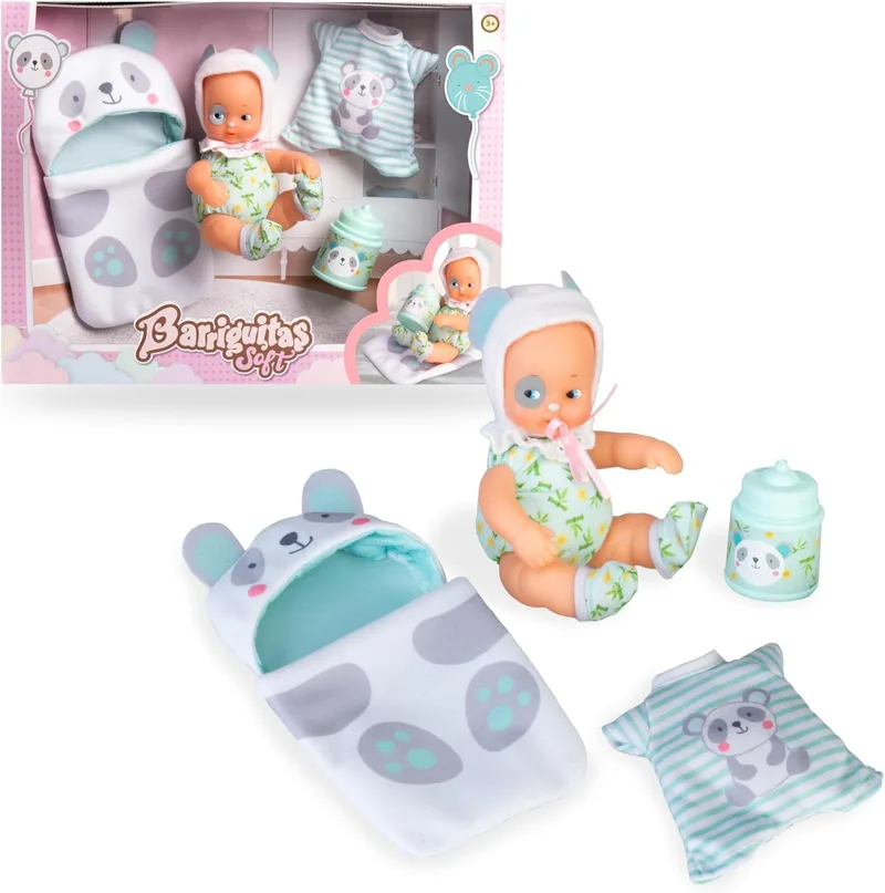 los Barriguitas ▫️ Barriguitas - Solf Trousseau, Mini Boneca de Bebé Vestida de Urso Panda, Corpo Macio com Capuz Amovível e Decoração de Rosto, Crianças 2 anos +, Famosa (BFG12000)