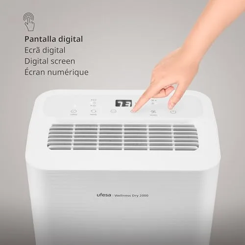 Ufesa ▫️ Desumidificador Wellness Dry 2000, 280 W, 12 L/24 h, silencioso (47 dB) com painel intuitivo, função de secagem de roupa, sensor de humidade, capacidade de 2 L, 2 velocidades, temporizador, até 40 m² 2