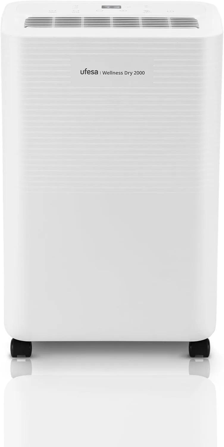 Ufesa ▫️ Desumidificador Wellness Dry 2000, 280 W, 12 L/24 h, silencioso (47 dB) com painel intuitivo, função de secagem de roupa, sensor de humidade, capacidade de 2 L, 2 velocidades, temporizador, até 40 m²