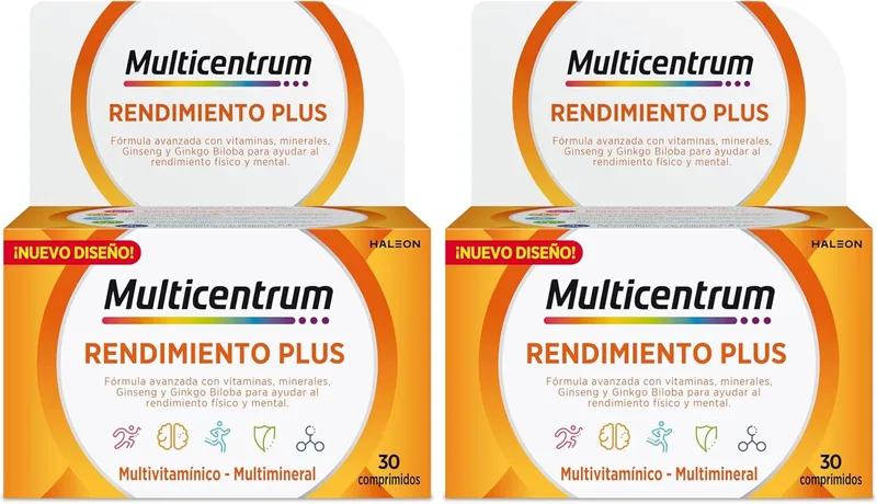 MULTICENTRUM ▫️ Plus – Suplemento alimentar multivitamínico e multimineral com ginseng e ginkgo biloba para adultos, sem glúten, 30 comprimidos (embalagem de 2)