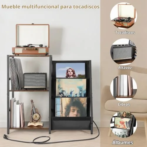 Bikoney ▫️ Mesa Auxiliar para Gira-discos com Tomada Elétrica, Armazenamento de Discos de Vinil em 3 Níveis com Capacidade para até 200 Álbuns, Suporte para Discos de Vinil para a Sala de Estar 2