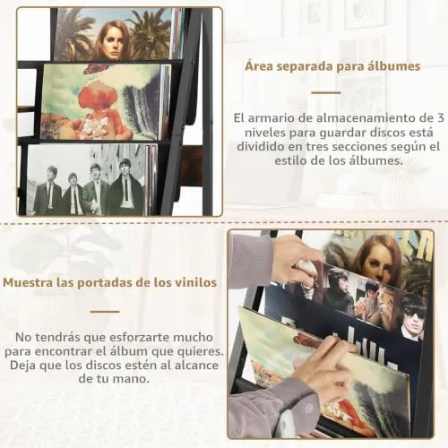 Bikoney ▫️ Mesa Auxiliar para Gira-discos com Tomada Elétrica, Armazenamento de Discos de Vinil em 3 Níveis com Capacidade para até 200 Álbuns, Suporte para Discos de Vinil para a Sala de Estar 4