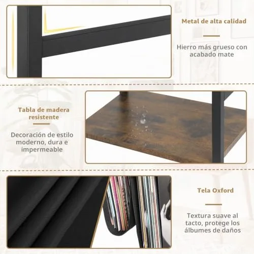 Bikoney ▫️ Mesa Auxiliar para Gira-discos com Tomada Elétrica, Armazenamento de Discos de Vinil em 3 Níveis com Capacidade para até 200 Álbuns, Suporte para Discos de Vinil para a Sala de Estar 5