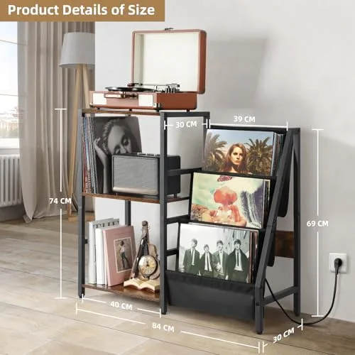 Bikoney ▫️ Mesa Auxiliar para Gira-discos com Tomada Elétrica, Armazenamento de Discos de Vinil em 3 Níveis com Capacidade para até 200 Álbuns, Suporte para Discos de Vinil para a Sala de Estar 6