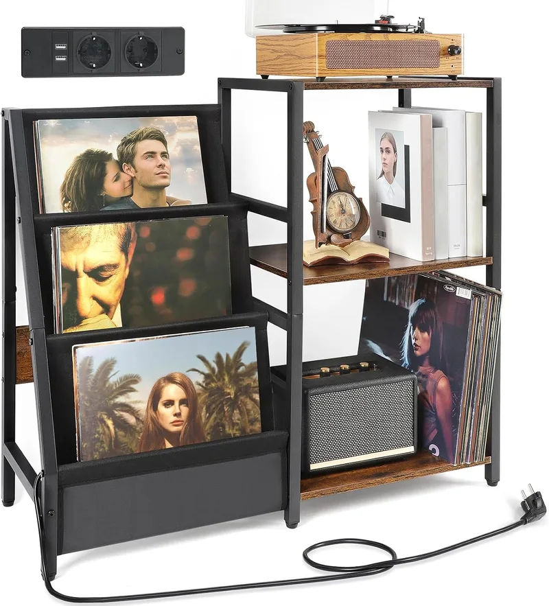 Bikoney ▫️ Mesa Auxiliar para Gira-discos com Tomada Elétrica, Armazenamento de Discos de Vinil em 3 Níveis com Capacidade para até 200 Álbuns, Suporte para Discos de Vinil para a Sala de Estar