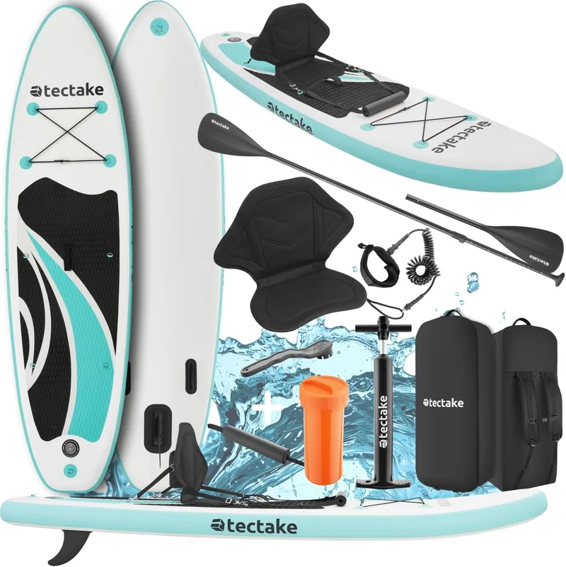tectake ▫️ ® Inflatable Paddle Surf Board, inclui remo 2 em 1, assento de caiaque incorporado, suporte insuflável, bomba de ar, mochila de remo dupla e 3 barbatanas, prancha insuflável, carga máxima: 200 kg