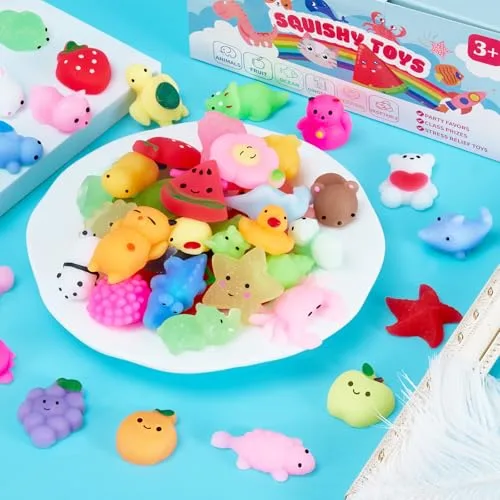 Mulyng ▫️ Brinquedos Mochi Squishy, brinquedos anti-stress kawaii squishies para crianças – Presente para festas, Natal, aniversários e Páscoa; prémios para a sala de aula com caixa de arrumação, sem repetições (conjunto de 80) 5
