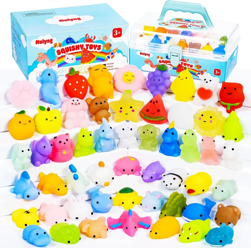Mulyng ▫️ Brinquedos Mochi Squishy, brinquedos anti-stress kawaii squishies para crianças – Presente para festas, Natal, aniversários e Páscoa; prémios para a sala de aula com caixa de arrumação, sem repetições (conjunto de 80)