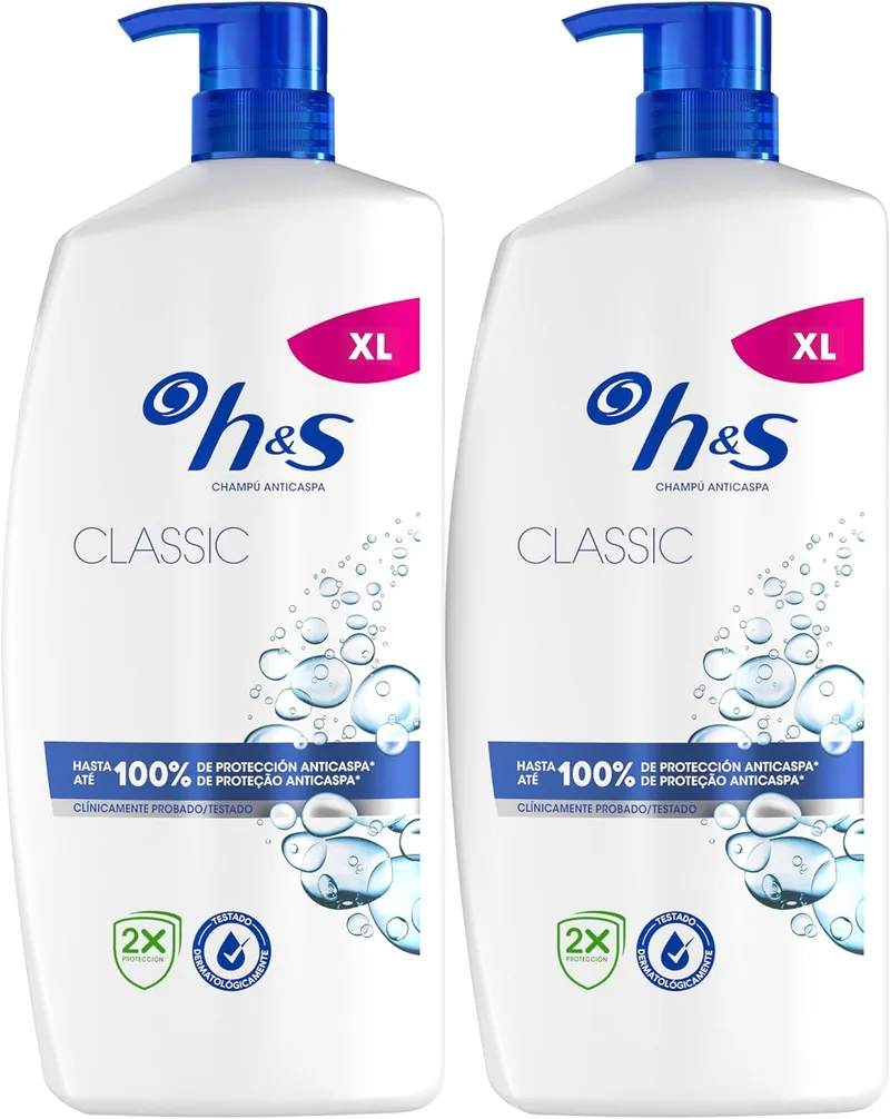 h&s ▫️ Champô anti-caspa Classic 2X800ml com doseador, para uso diário. Até 100% de proteção anti-caspa, clinicamente testada. Para todos os tipos de cabelo e couro cabeludo. Sensação de frescura