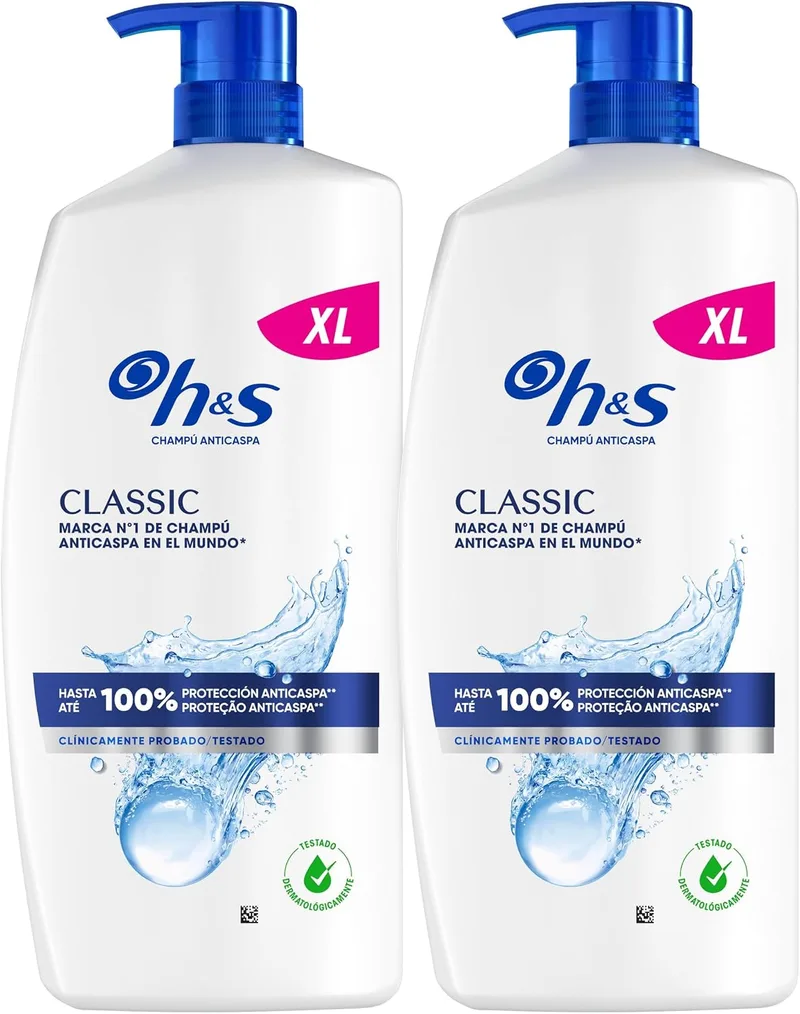 h&s ▫️ Classic Champô Anticaspa 2 x 800 ml com dispensador, para uso diário. Até 100% de proteção anticaspa, clinicamente comprovado. Para todos os tipos de cabelo e couro cabeludo. Sensação de frescura