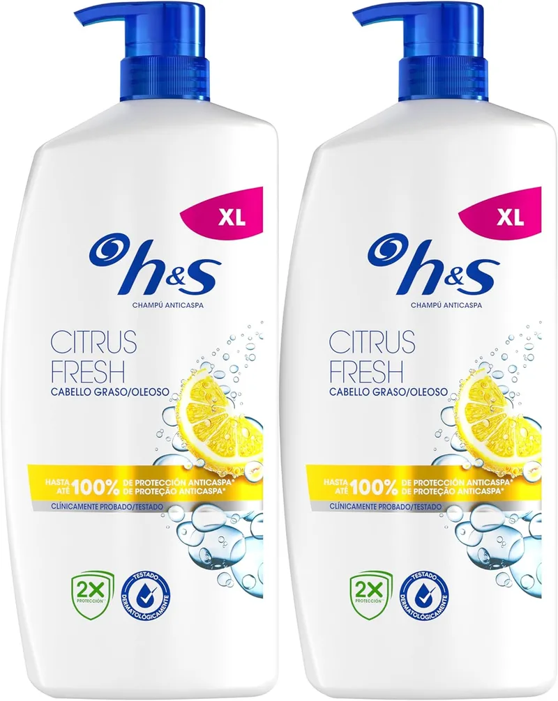 h&s ▫️ Champô anti-caspa Citrus Fresh para cabelos oleosos 2X800ml, com doseador. Até 100% de proteção contra a caspa, clinicamente testado. Para uso diário