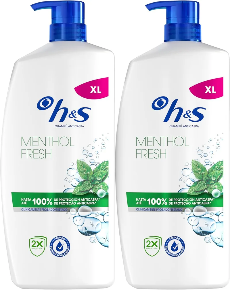 h&s ▫️ Champô anti-caspa Menthol Fresh 2X800ml com doseador, para uso diário. Até 100% de proteção anti-caspa, clinicamente comprovada. Para todos os tipos de cabelo e couro cabeludo. Frescura, Aroma a Mentol