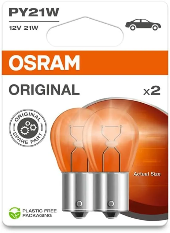 OSRAM ▫️ ORIGINAL LINE 12V, PY21W, lâmpada de sinalização, Base metálica, Blister duplo, (2 lâmpadas)