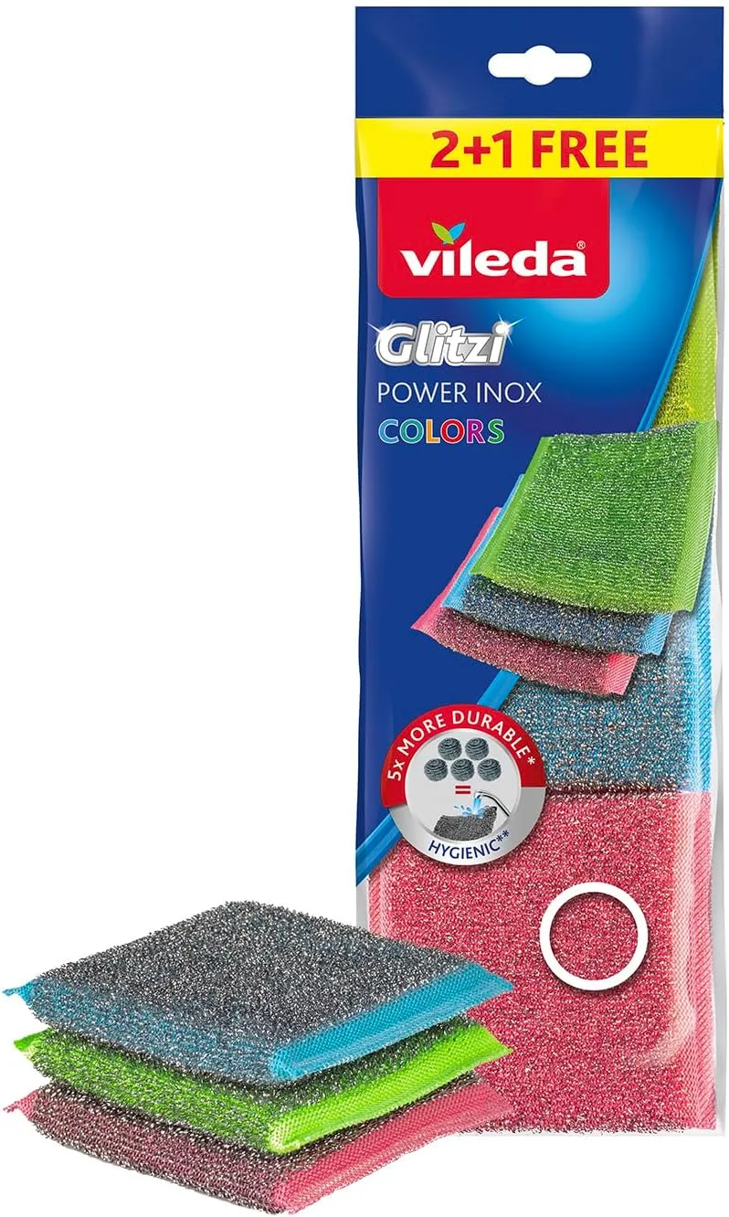 Vileda ▫️ Esponja Glitzi Power INOX Colors, exterior em aço inoxidável
