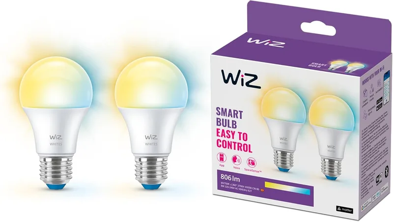 WiZ ▫️ Lâmpada Smart LED A60, branco quente a frio, base E27, 60W, 806 lúmens, regulável, funciona com Alexa, Google Assistant e Apple Home, embalagem de 2