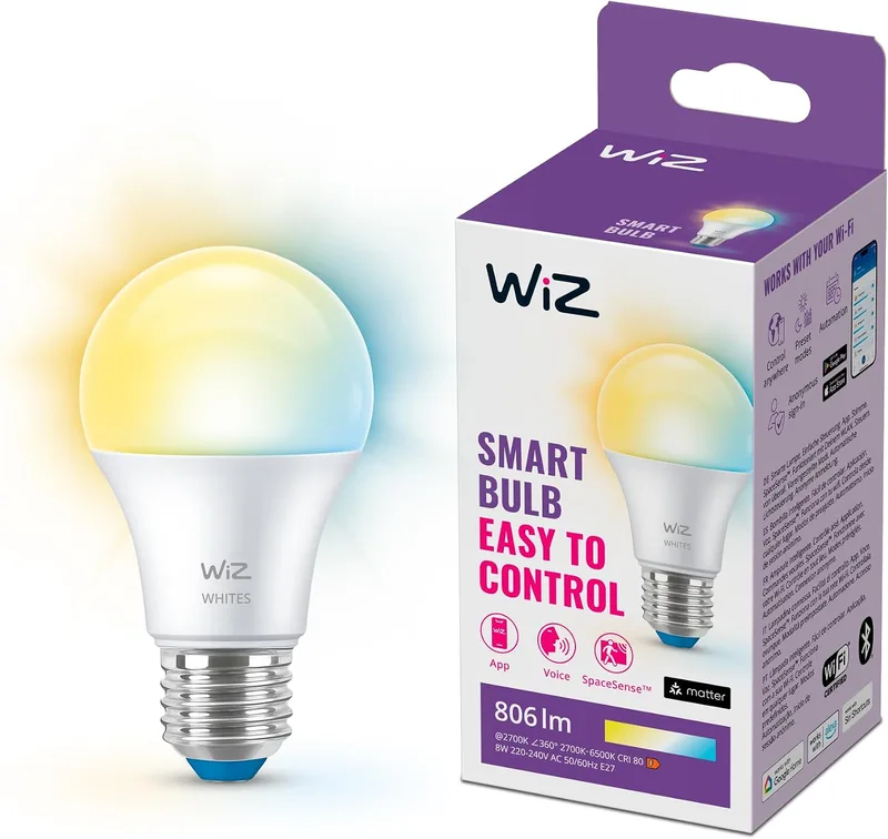 WiZ ▫️ Lâmpada Smart LED A60, Branco Quente a Branco Frio, Casquilho E27, 60 W, 806 lúmenes, regulável, compatível com Alexa, Google Assistant e Apple Home, embalagem de 1 unidade
