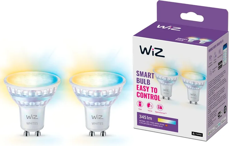 WiZ ▫️ Lâmpada LED inteligente GU10 em vidro - Embalagem de 2 unidades, 50 W, estilo clássico em vidro, luz branca quente a fria, Wi-Fi/Bluetooth, controlo por voz/aplicação, compatível com Google Home, Alexa e HomeKit.