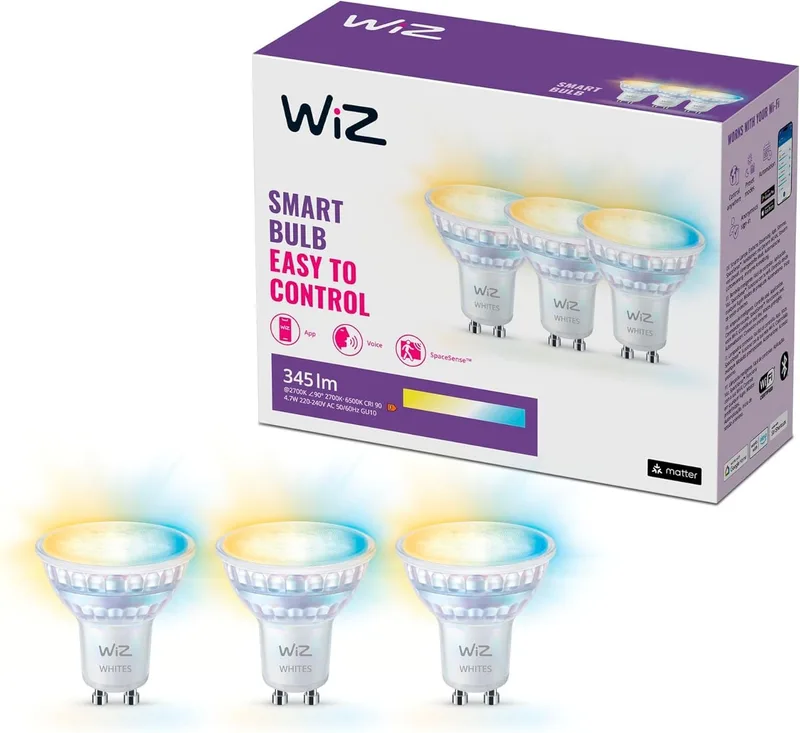 WiZ ▫️ Lâmpada LED inteligente GU10 em cristal - 50 W, estilo clássico em cristal, 16 milhões de cores (RGB), Wi-Fi/Bluetooth, controlo por voz/aplicação, compatível com Google Home, Alexa e HomeKit.