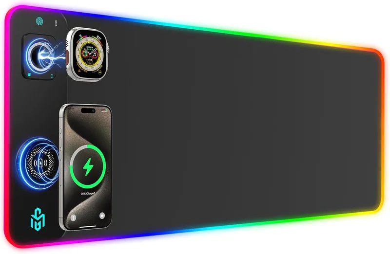 GIM ▫️ Tapete de rato RGB para jogos com LED e carregamento sem fios Qi de 15 W, 10 modos de iluminação com carregamento rápido de 15 W via Qi para telemóveis iPhone e auscultadores, impermeável e antiderrapante para