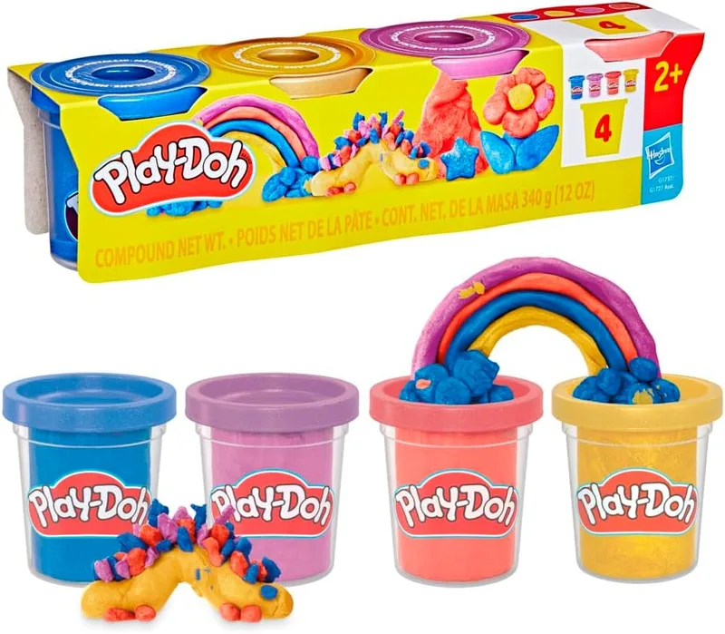Play-Doh ▫️ Conjunto de 4 potes de barro Hasbro em cores metálicas, brinquedo para rapazes e raparigas com mais de 2 anos, trabalhos manuais divertidos, ideia de presente criativo, capacidades motoras finas