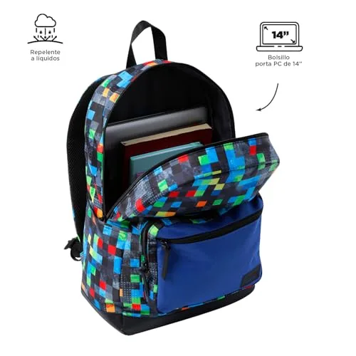 TOTTO ▫️ Mochila para computador portátil de 14 polegadas, modelo Tocax, 2 compartimentos, bolso com organizador e suporte para telemóvel, bolso para garrafa, encosto ergonómico, padrão Glichu multicolorido 4