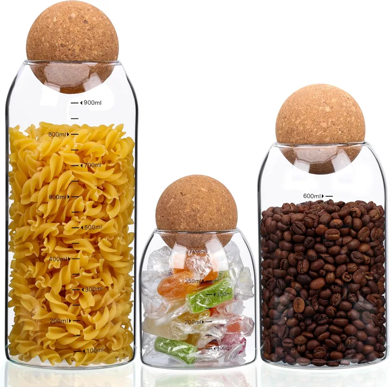 BELLE VOUS ▫️ Conjunto de frascos de vidro com tampa - 3x frascos de cozinha e de despensa com rolhas - frascos herméticos para guardar alimentos - recipientes herméticos - recipientes de vidro