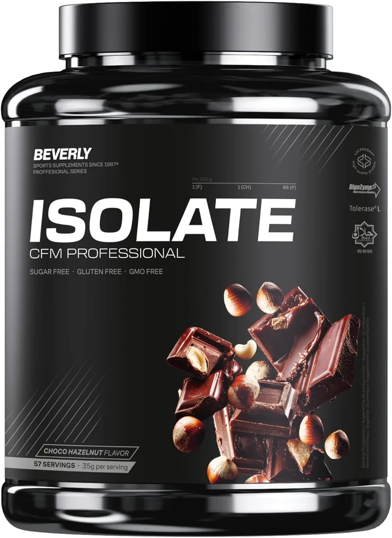 Beverly Nutrition ▫️ Beverly ISOLATE CFM – Proteína isolada de soro de leite premium (Whey Isolate) | 30 g de proteína | Baixo teor de lactose e sem açúcares adicionados | 58 doses | Desenvolvimento muscular (2 kg, chocolate com avelã)