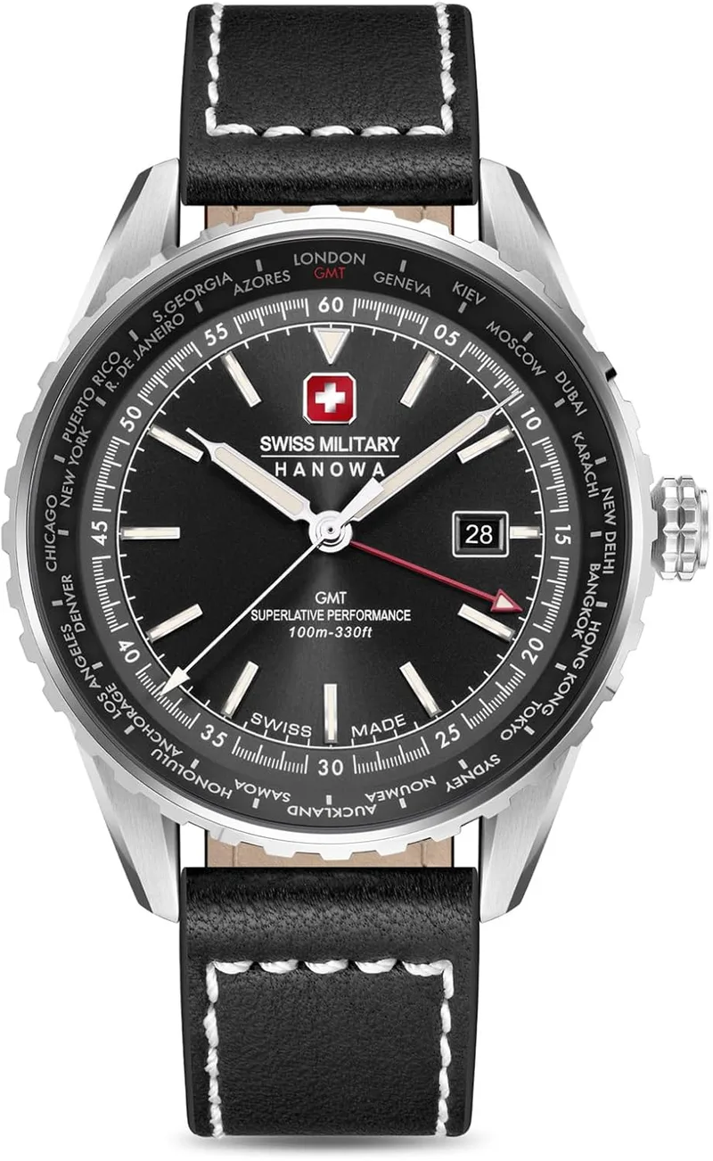Swiss Military Hanowa ▫️ Afterburn GMT - Relógio de pulso para homem com bracelete em pele ou metal, com data e vidro de safira