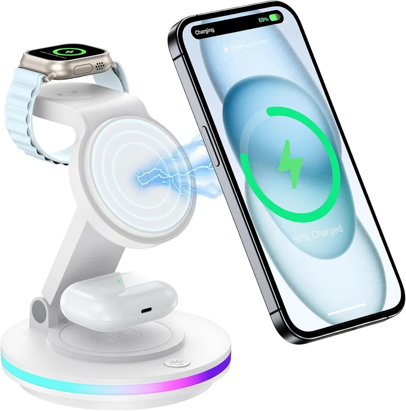 RoRoSkin ▫️ mag Safe - Estação de carregamento sem fios, 3 em 1, dobrável, estação de carregamento indutivo para Apple Watch e iPhone 16,15, 14, suporte de carregamento rotativo, carregador sem fios com luz nocturna