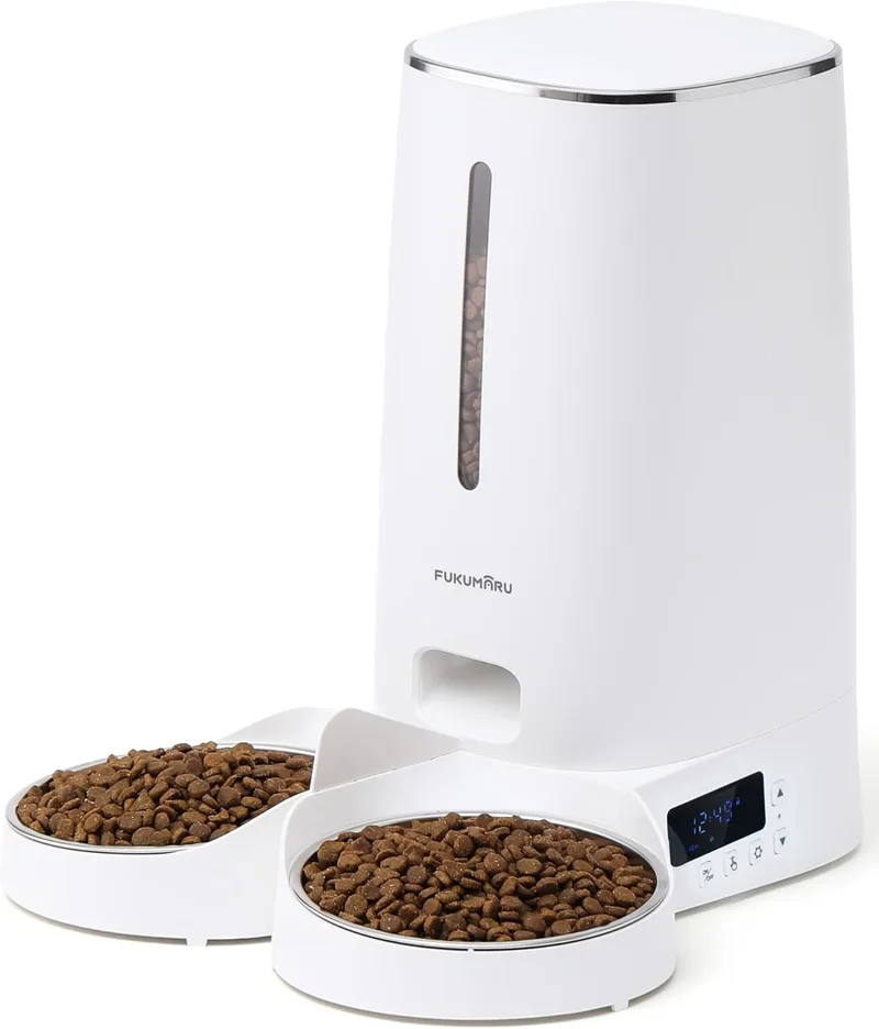 FUKUMARU ▫️ Alimentador automático de comida para gatos, dispensador de comida para cães/gatos de 4 litros com 2 tigelas de aço inoxidável, programa de alimentação automático personalizado, botão de pressão